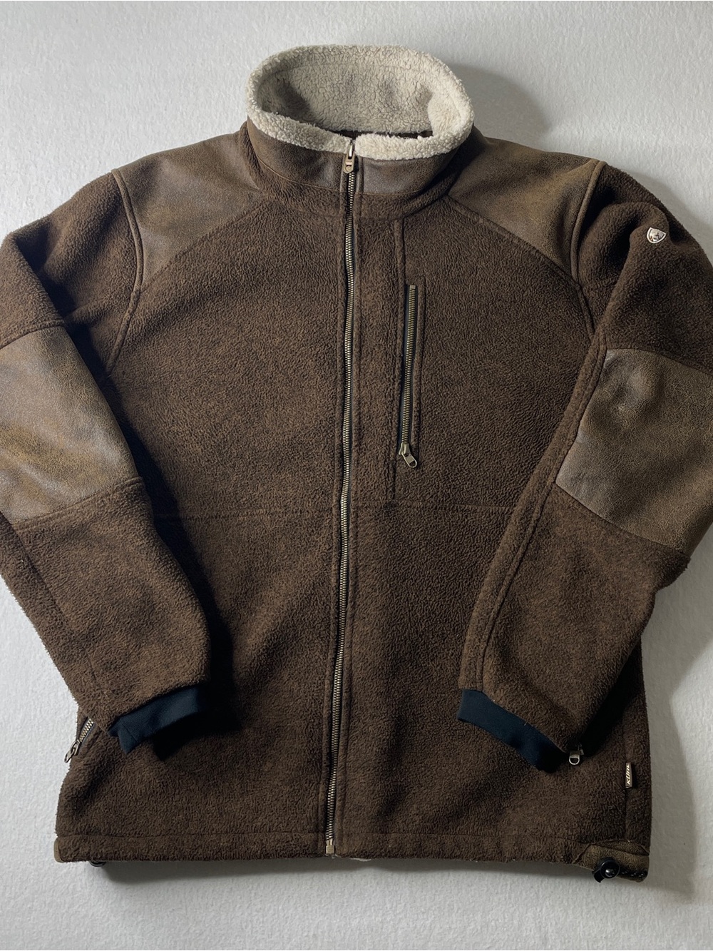 Kuhl Alpenwurx Fleece Jacket Men Large Brown Sherpa Collar Suede Gorpcore Hiking